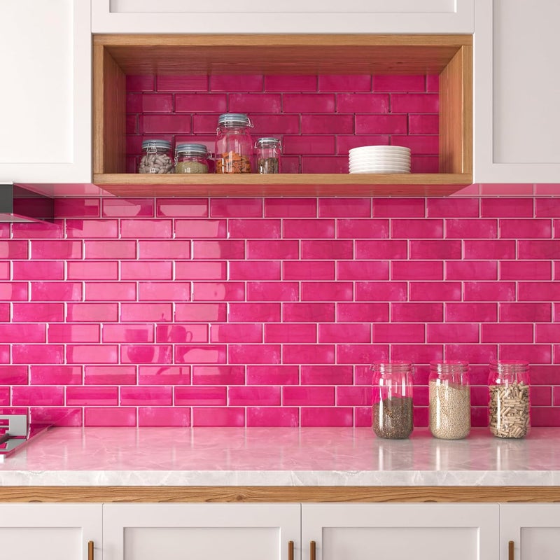 Decotalk Backsplash Tile Peel and Stick 15-Pack Hot Pink Kitchen Backsplash Tiles Peel & Stick 12x12 Inch Subway Tile Backsplash for Kitchen Wall Hot Pink Subway Backsplash for Bathroom Waterproof - Image 3
